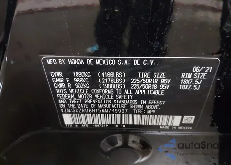 2021 Honda Hr-V Awd Sport из США, поврежденный, VIN 3CZRU6H15MM749997
